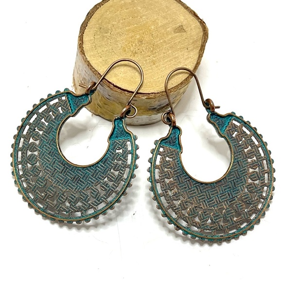 NEW INVENTORY! Simple Boho Antiqued Copper Geometric Hoops with Patina Finish​ - Picture 2 of 4